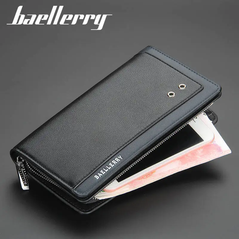New Baellerry Men's Leather Wallet Double Layer Snap Closure Zipper Card Holder Photo Coin Purse Wallets Long Wallet