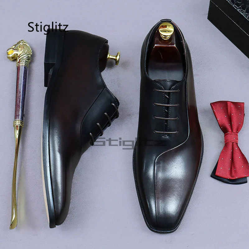Business Dress Patchwork Men's Shoes Genuine Leather Oxford Wedding Shoes Handmade Lace Up Office Elegant Male Social Shoes