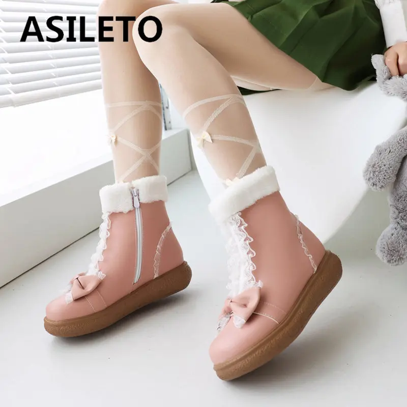 ASILETO Brand Sweet Girls Winter Snow Boots Round Toe Thick Heels 3.5cm Bowknot Zipper Small Size 28 29 Warm Daily Ankle Bota