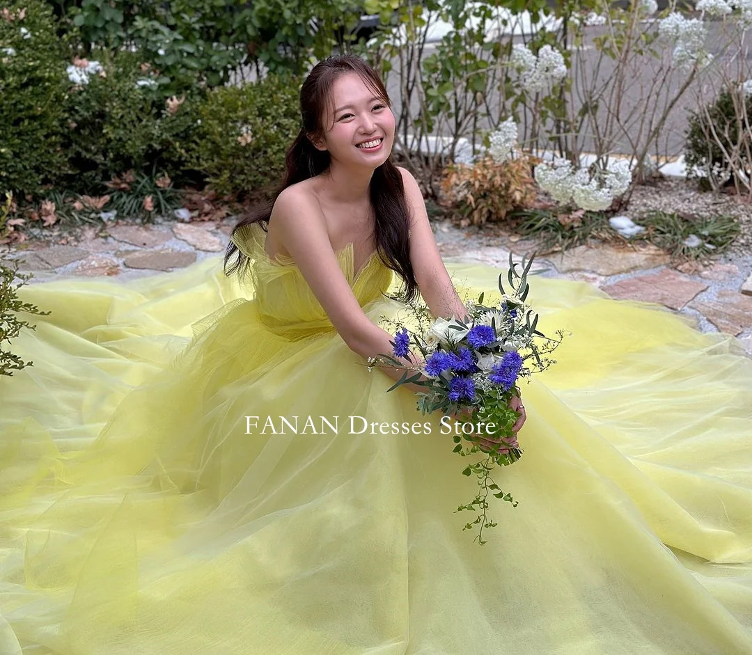 FANAN Strapless Simple Evening Party Dresses Tulle Yellow Korea Backless Ruched Wedding Women  Gowns Event Prom Gowns Customized