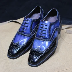 Luxury Men's Blue Patent Leather Oxfords Brogue Wingtip Dress Shoes Lace-Up Formal Office Wedding Party Footwear
