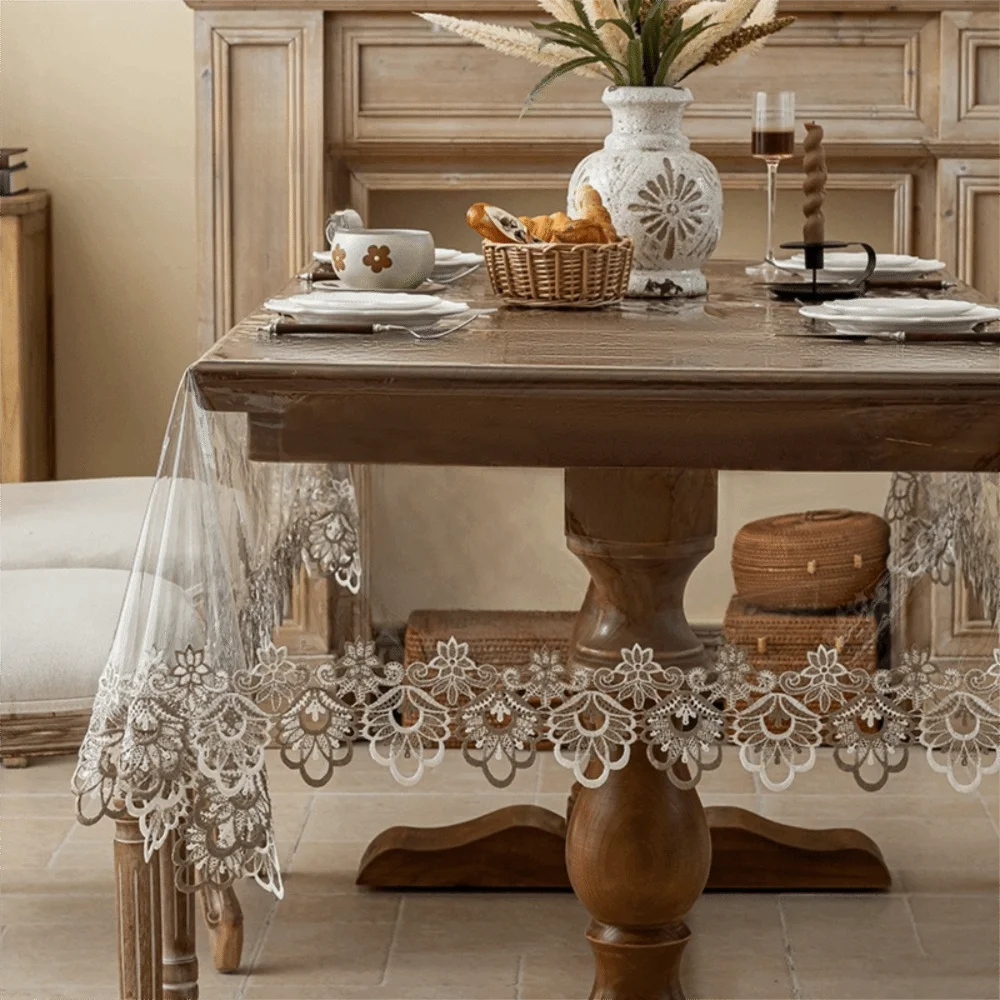 

Waterproof PVC Tablecloth European Style Oil Proof Dining Table Cover Lace Embroidered Rectangular/Square Desk Mat Party