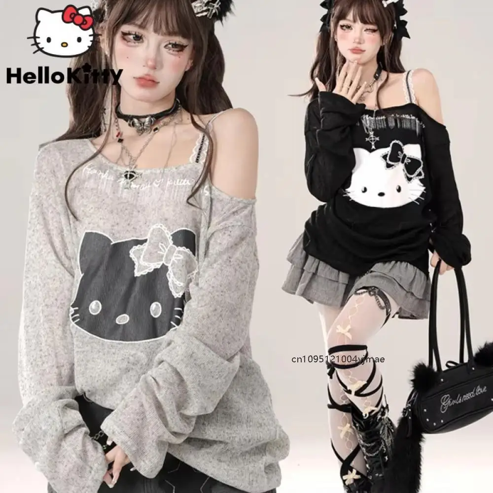 

Серая футболка с длинными рукавами Hello Kitty в американском стиле Sanrio, женская летняя свободная футболка Y2K Spicy Girl с открытыми плечами, искусственный топ из двух предметов