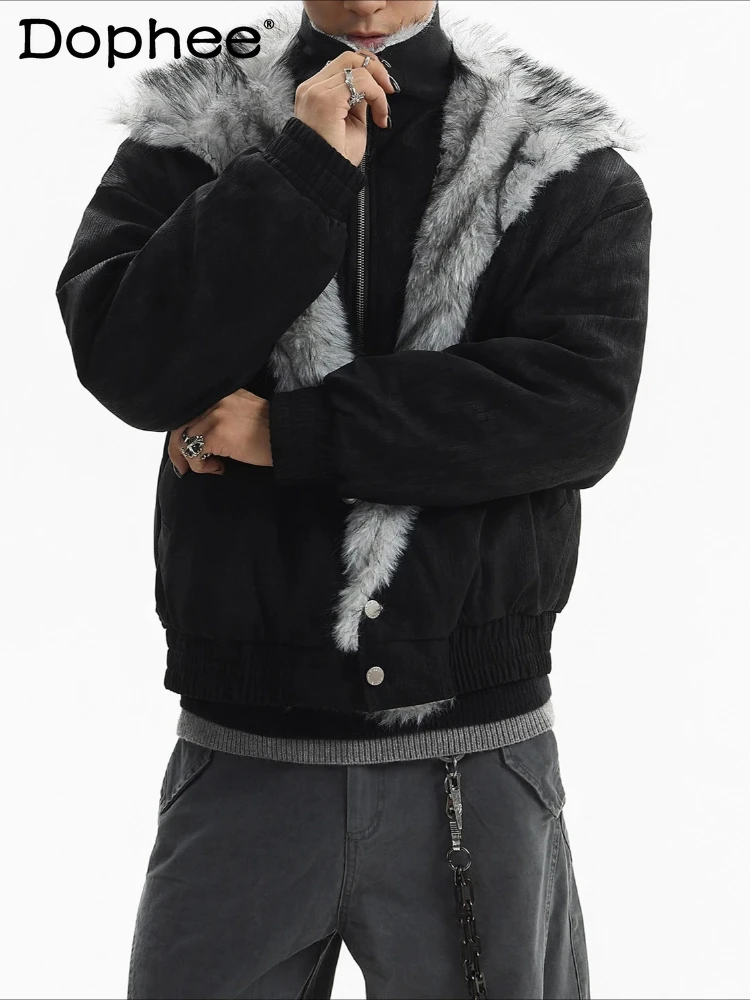 معاطف رجالية عصرية عالية الشارع بياقة من الفرو الصناعي سترات مكونة من قطعتين للرجال لشتاء 2025 سترات جديدة من الصوف بلون واحد