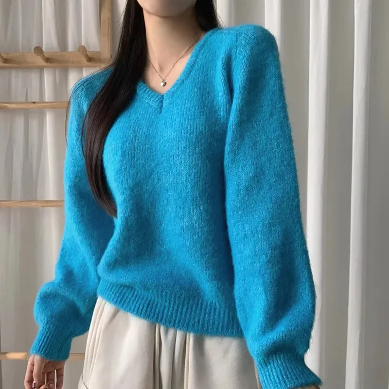 

Chic Autumn Winter Thiened Knitted Sweater Women's Loose Casual Overhead V-ne Soft Sle Retro Base irt Fem Faion