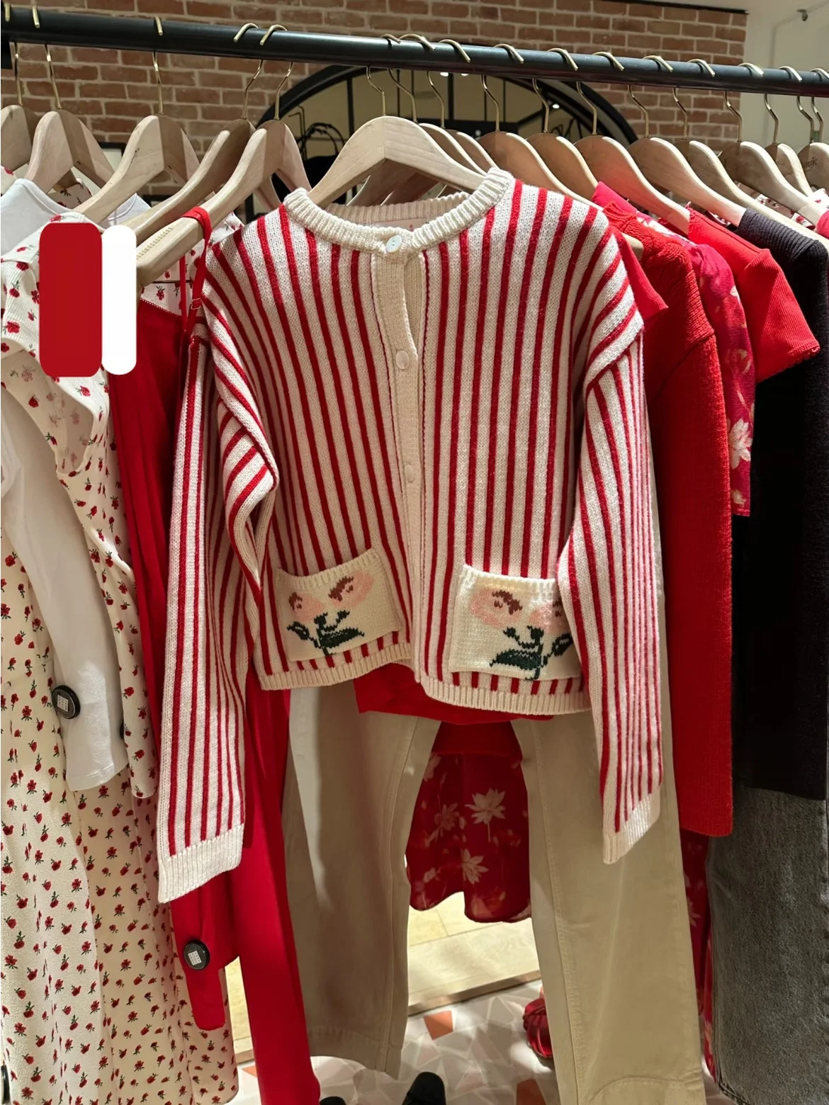 

Slimming Effectiveness Red Knitted Sweater with Pocket Flower Embroidery Vertical Stripes Women's Fashion Autumn Winter HEIDD
