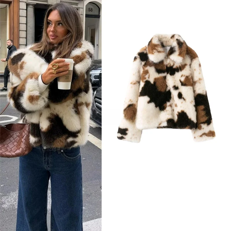

Spring New Women's Zipper Closure Long Sve Faux Fur Effect Animal Print Jaet ort Coat Polyester Fiber Ladies Outerwear