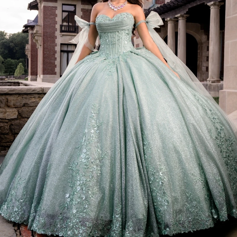 

Luxury Mint Green Shiny Quinceanera Dresses Sweetheart Sequin Applique Lace Beads Tull Ball Gown Vestidos De 15 Años XV Brithday