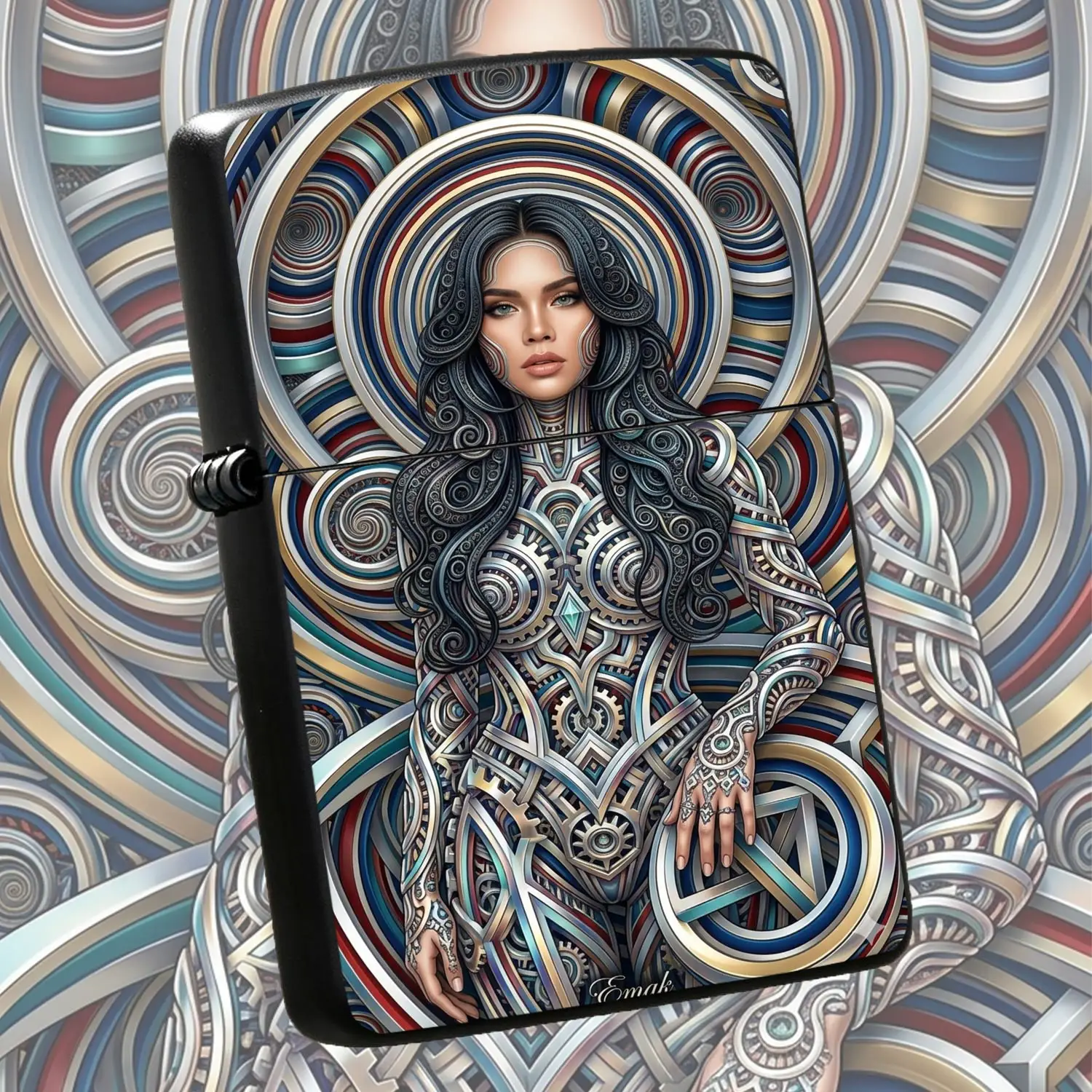 Cyber Aesthetic Mechanical Goddess Pattern Lighter, Psychedelic Swirl Art Decor All-Scenario Usable Portable Igniter, Stylish Daily Carry Accessory, Ideal For Gifting Party Daily Use, Exquisite Creative Practical Souvenir Ornament For All O