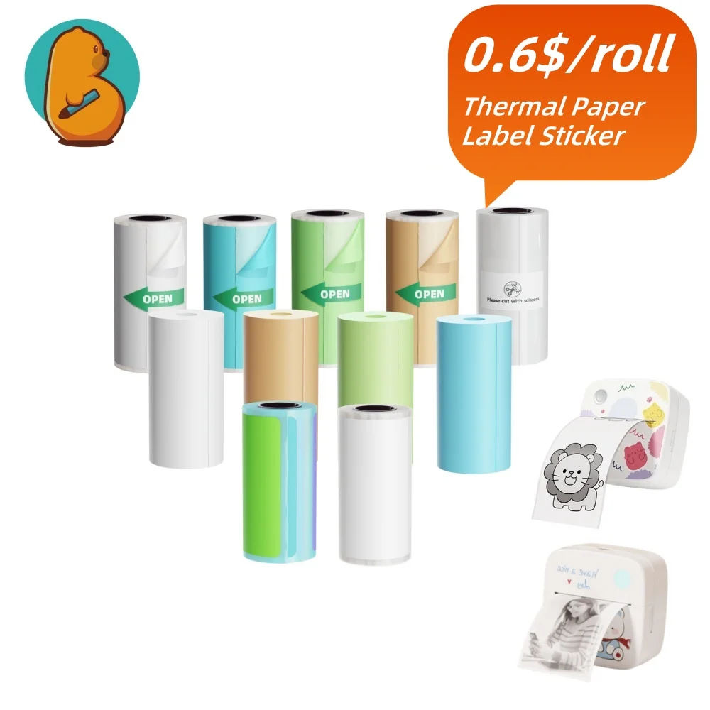 

15 Roll Portable Printer Thermal Paper 57mm Label Sticker Color Thermal Stickable Paper for Mini Printers Photo Printing