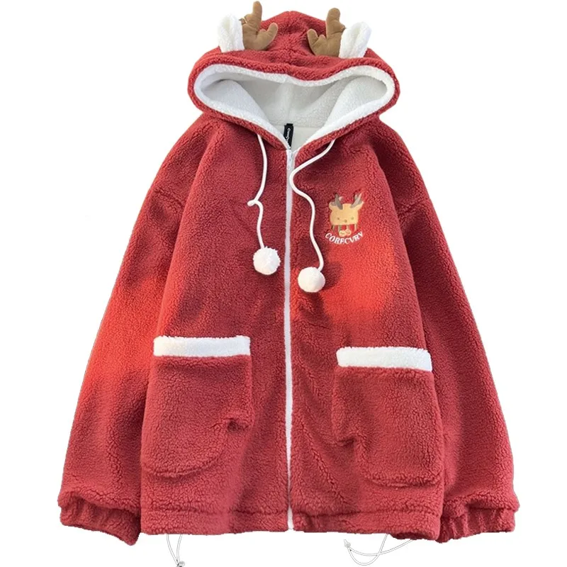 Cute Christmas Antler Girl Hoodie High Qualityzipper Lamb Wool Plus Women Sweatshirt Winter Keep Warm Sweet Pullover Female