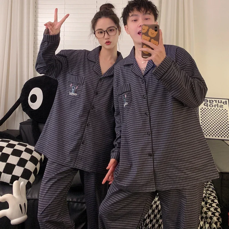 

Cartoon Disney Couple Pajamas Autumn 100% Cotton Two-piece Set Long Sleeve Trousers Stitch Men's/Women's Pajamas 50% Discount