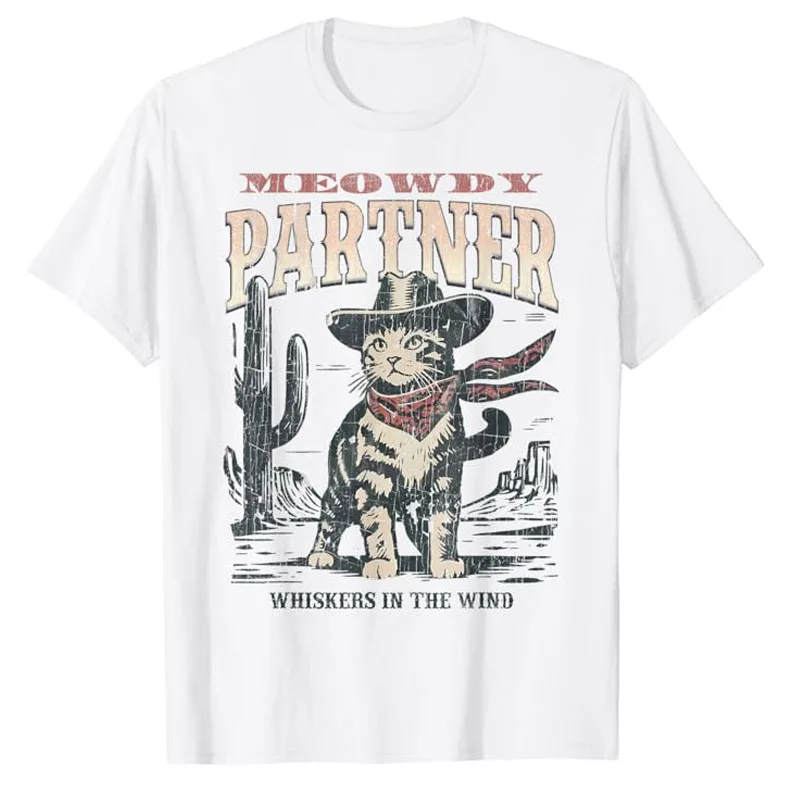 Meowdy T-Shirt Vintage kucing koboi T-Shirt Humor lucu Westerns Kitty Lover grafis kaus lengan pendek anak kucing pakaian hadiah baru