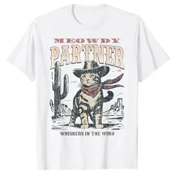 Meowdy Partner Cowboy Cat Vintage T-Shirt, Humor Funny Troubleshooting NS Kitty Lover Graphic Tee, Short Sleeve Kitten Clothes, Nouveauté Gifts