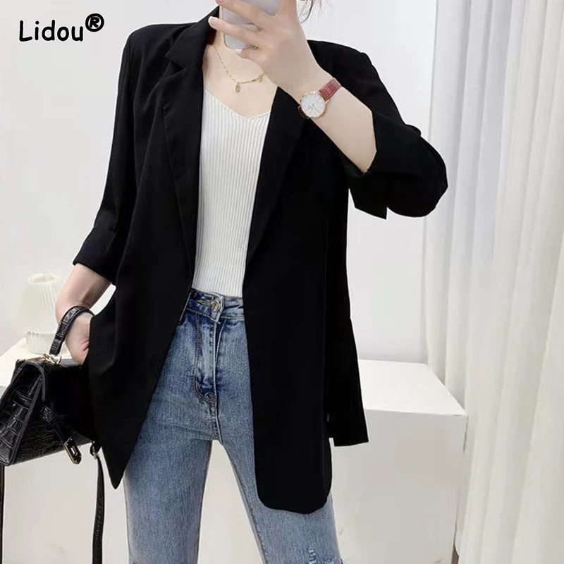 Blazer holgado de manga tres cuartos con muescas para mujer, ropa informal simple de Color liso, Tops finos de primavera y verano, 2023