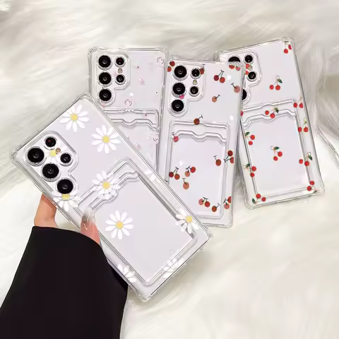 Card Holder Cherry Painted Phone Case For Samsung Galaxy S25 Ultra S24 S23 FE S22 Plus A05 A05s Soft Silicone Shockproof Covers