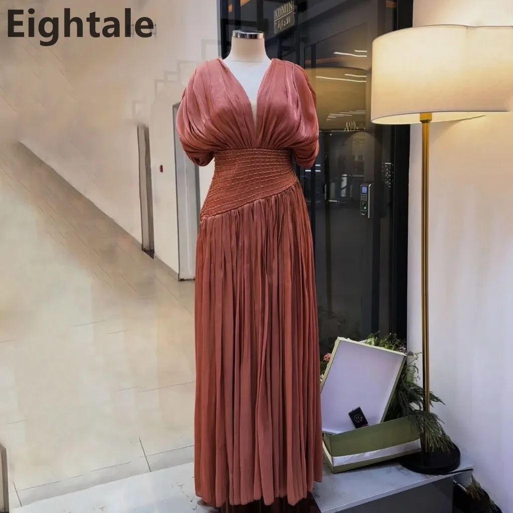 

Eightale 2025 Коралловое вечернее платье макси с v-образным вырезом и короткими рукавами, плиссированное свадебное вечернее платье для выпускного вечера, вечернее платье в Дубае по индивидуальному заказу