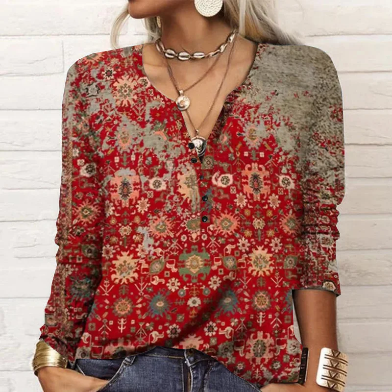 2023 New Autumn Winter Women Blouse Vintage Ethnic Style Floral Print Shirts Long Sleeve V-Neck Button Loose Casual Boho Tops