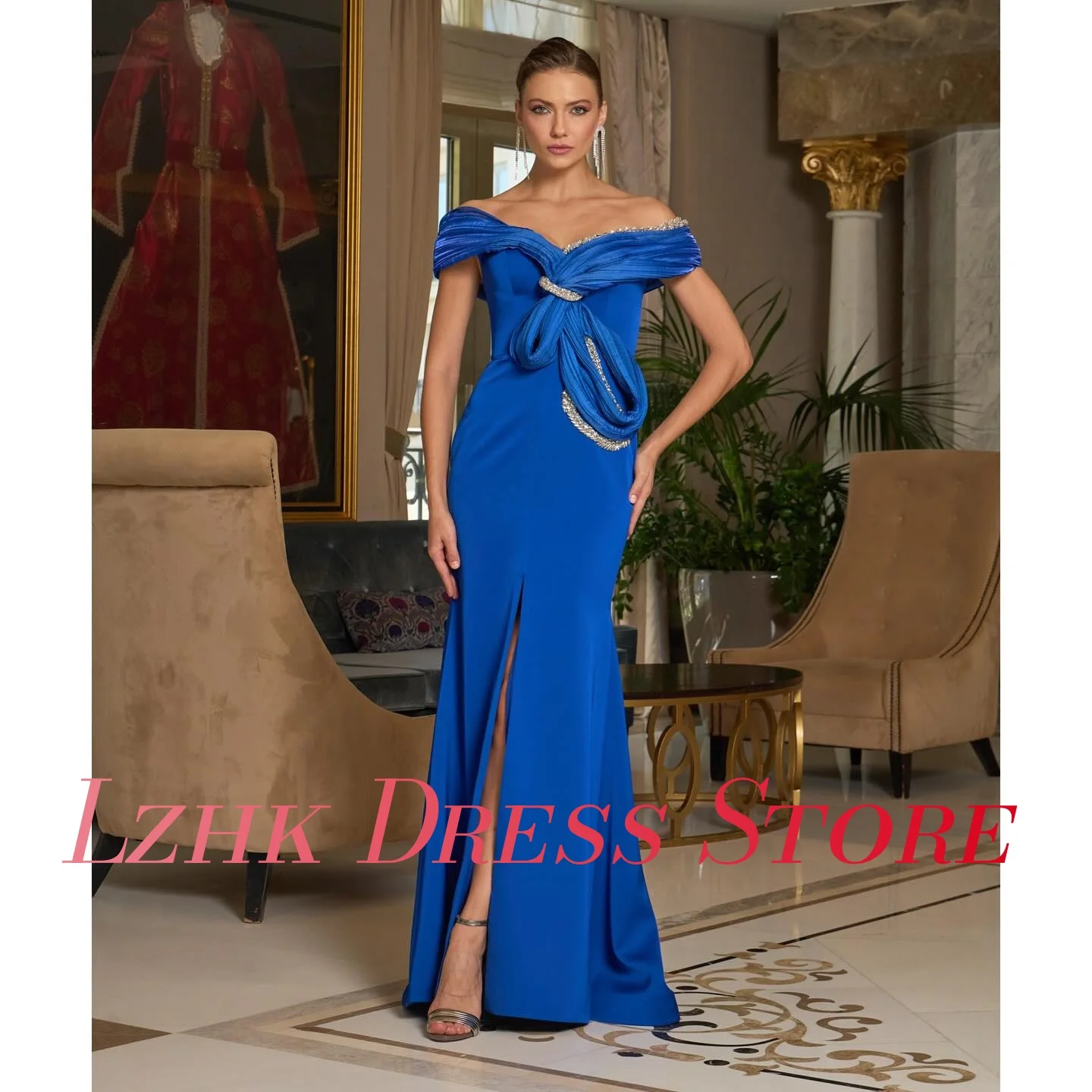カスタマイズされたセクシーなジャージマーメイドオフショルダークリスタルイブニングドレス高品質半袖フロアレングスウエディングドレス