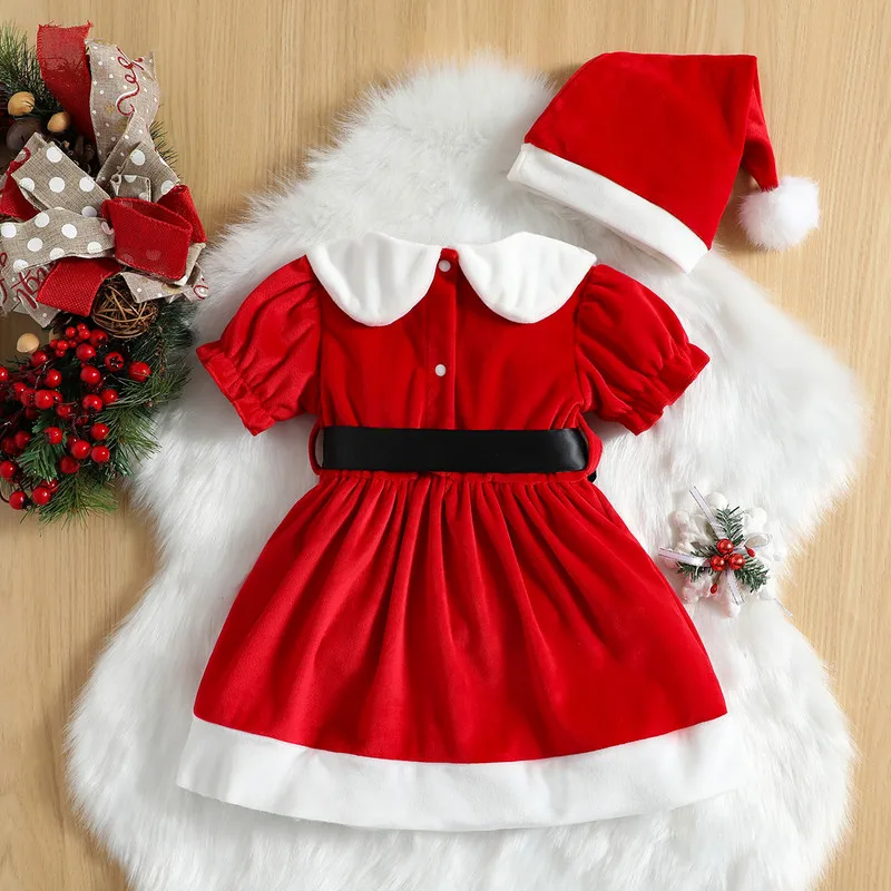 6 Months to 4 Years Christmas Toddler Girls A-line Dress Red Short Sleeve Doll Collar Dress with Belt & Hat