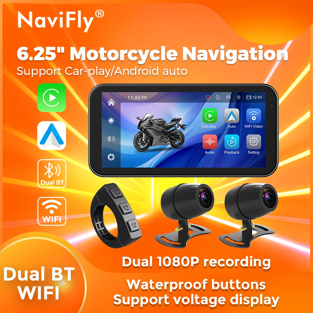 NaviFly 6.25 Inch GPS Navigation Motorbike Carplay Waterproof Portable Wireless CarPlay Display Android Auto Multimedia Player