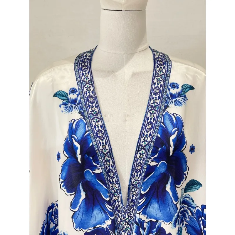 Sukienka midi z długim rękawem w kwiatowy wzór, luźny krój, wysoka jakość, jedwab, niebieska róża, styl 2025