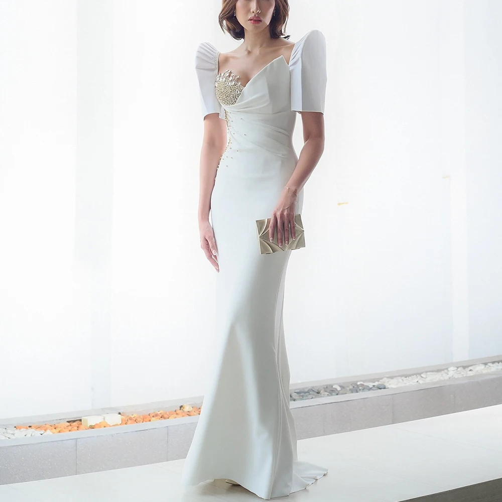 

CustomizedWhite Floor Length Straight V Neck Jersey Short Sleeves Sweep Train Pleats Crystal Evening Dress Fashion Special Occas