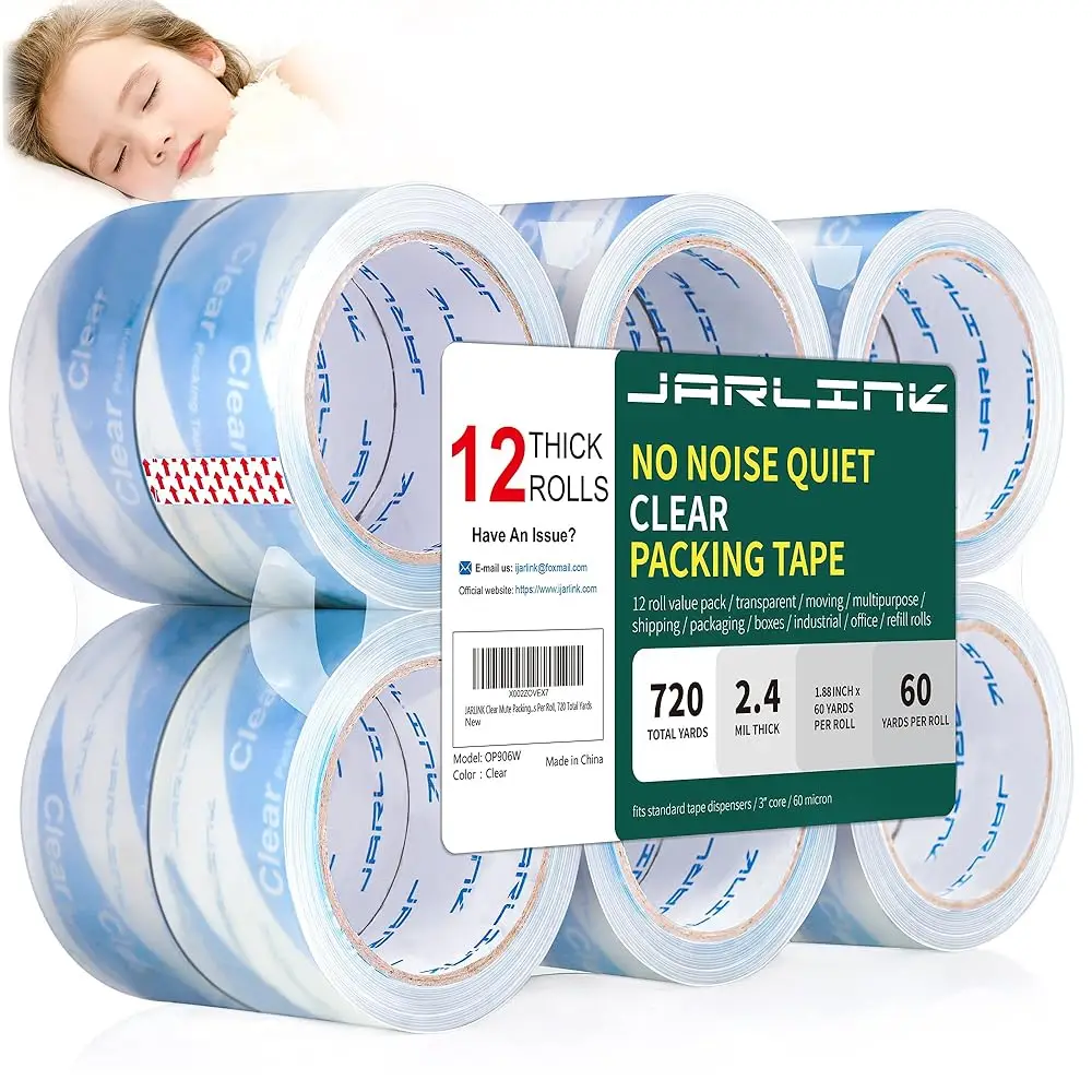 

No Noise Clear Quiet Packing Tape (12 Rolls), Heavy Duty Packaging Tape for Shipping Packaging Moving Sealing, 2.4mil Thick,