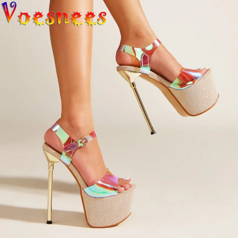 Sexy 17CM Shiny Platform Thin High Heels New Women Transparent PVC Sandals Nightclub Pole Dance Shoes Summer Stage Ladies Pumps