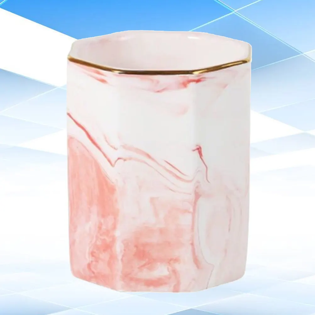1Pcs Elegant Marble Finish Ceramic Storage Cup Nordic Aesthetic Pink Gold Trim for Cosmetics Pens Toothbrush Organizer Cup