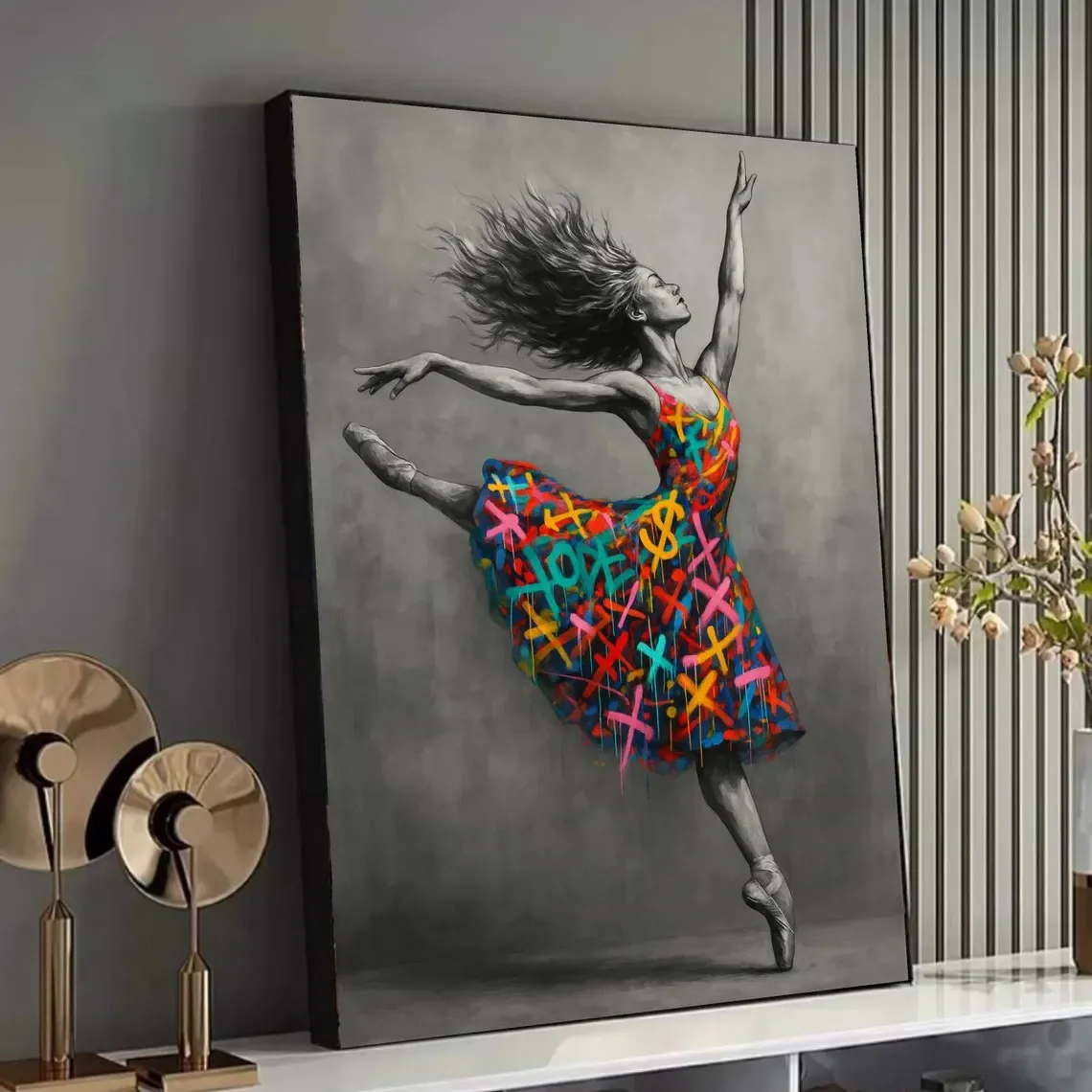 Graceful Ballerina Dance Pose Poster Prints, Colorful Graffiti Dress Canvas Wall Art, Black and White Wall Art Home Decoration