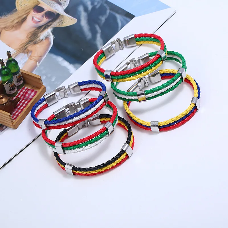 1Pc Women Men Stainless Steel Russian Spain Germany France Italy Argentina National Flag PU Leather Bracelets Handmade Jewelry