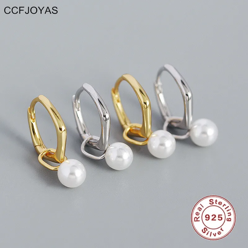 

CCFJOYAS 100% 925 Sterling Silver Punk Rock Vintage Geometric Earrings for Women Round Pearl Huggies Hoop Earrings Fine Jewelry