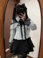 Dark Sweet Heart Ground Type Lolita Set, Ruffle Sleeve Top & A-line Skirt, Cute Kawaii Japanese Style Gothic Coord Outfit S-XL - Image 3