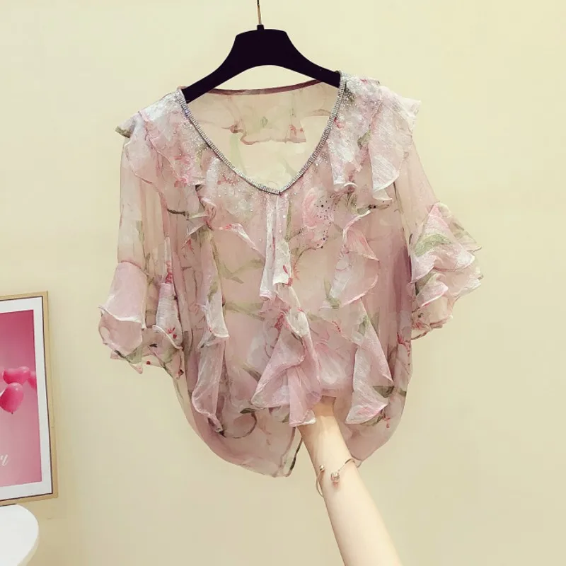 

Beaded Neck Ruffles Flaral Blouse for Women, V-Neck, Short-Sleeved, Loose Lady Pulls, Elegant Outwear, Coat Tops, Summer, New, 2