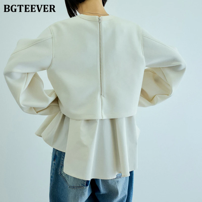 BGTEEVER Stylish O-neck Women Patchwork Fake 2 Pieces Sweatshirts Spring Fashion Long Sleeve Slim Waist Elegant Women Pullovers