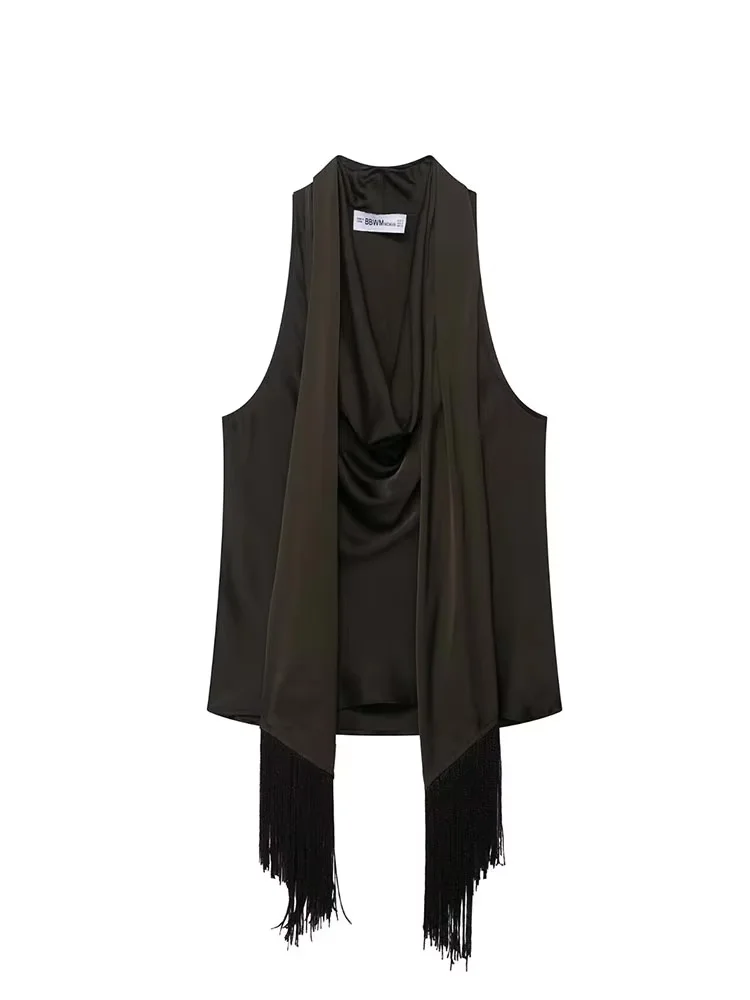 

HH 2025 женские летние тонкие шикарные короткие топы с черным распашным воротником и кисточками, женские новые модные сексуальные топы без рукавов