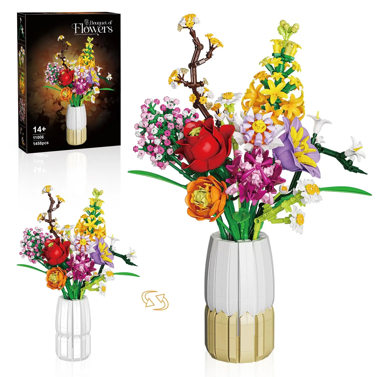 

1458PCS Romantic Bouquet Building Blocks Rose Daisy Lily Flower Model Brick Educational DIY Toys Gift For Adults Home Decoraiton