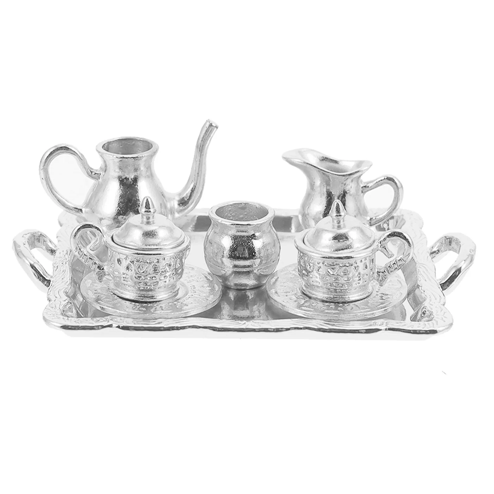 

1Set Mini House Tea Ware Delicate Mini Tea Kettle Decoration Realistic Alloy Kettle Resin Waterproof Desk Miniature Craft Photo