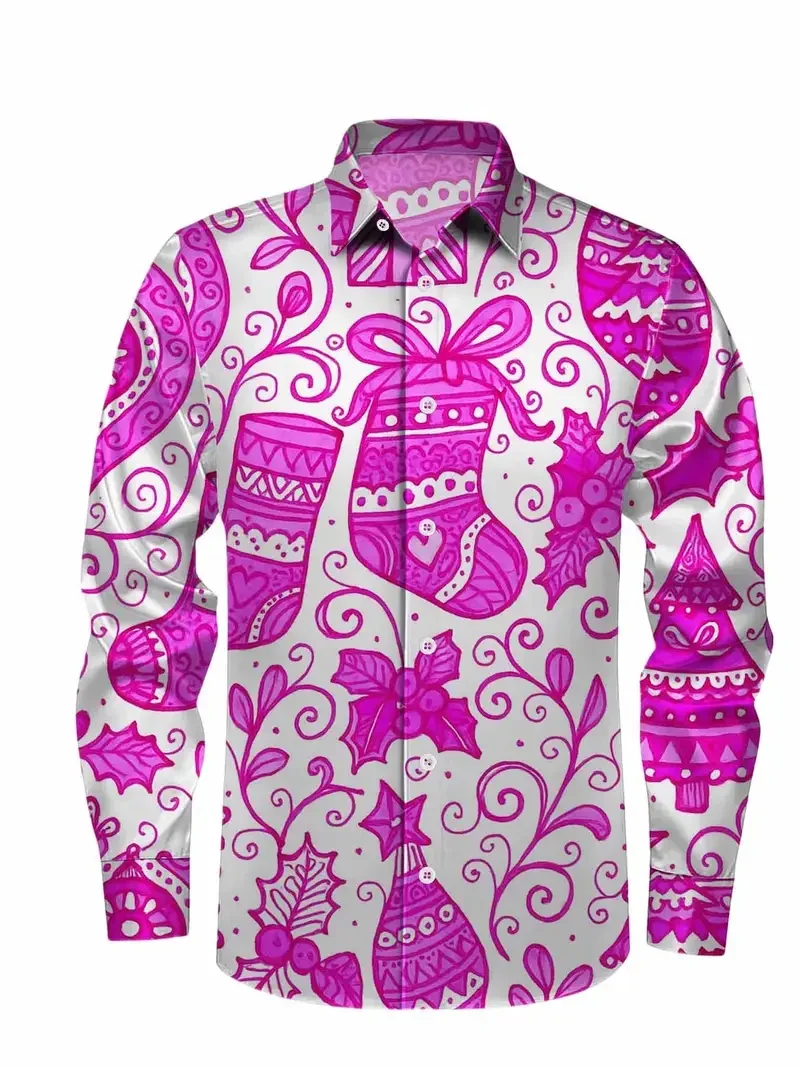 2026 يبتسم عيد الميلاد ثلاثية الأبعاد هدية الكرتون طباعة جديد قميص طويل الأكمام حفلة علوية السنة الجديدة عيد الميلاد قميص طوق زر حتى قميص