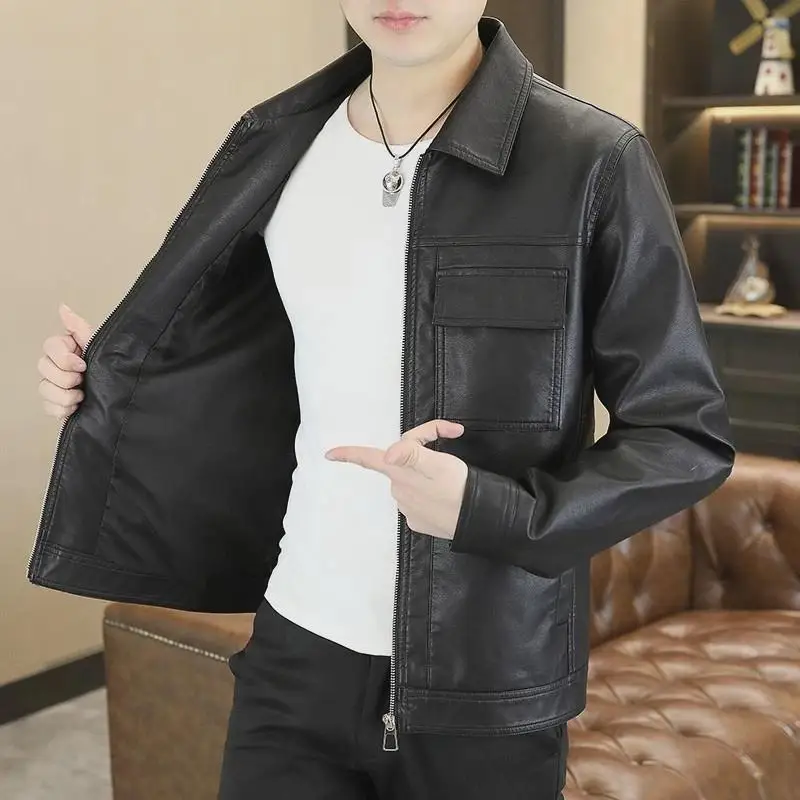 

Весна-Осень 2023, мужское модное брендовое корейское кожаное мотоциклетное пальто Jaet V-Ne Long Sve Regular Fit Pure Color