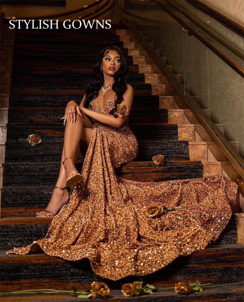 Champagne Long Prom Dress For Black Girls 2024 Sparkly Birthday Party  Dresses High Slit Evening Gowns Mermaid Robe De Customized - AliExpress 320