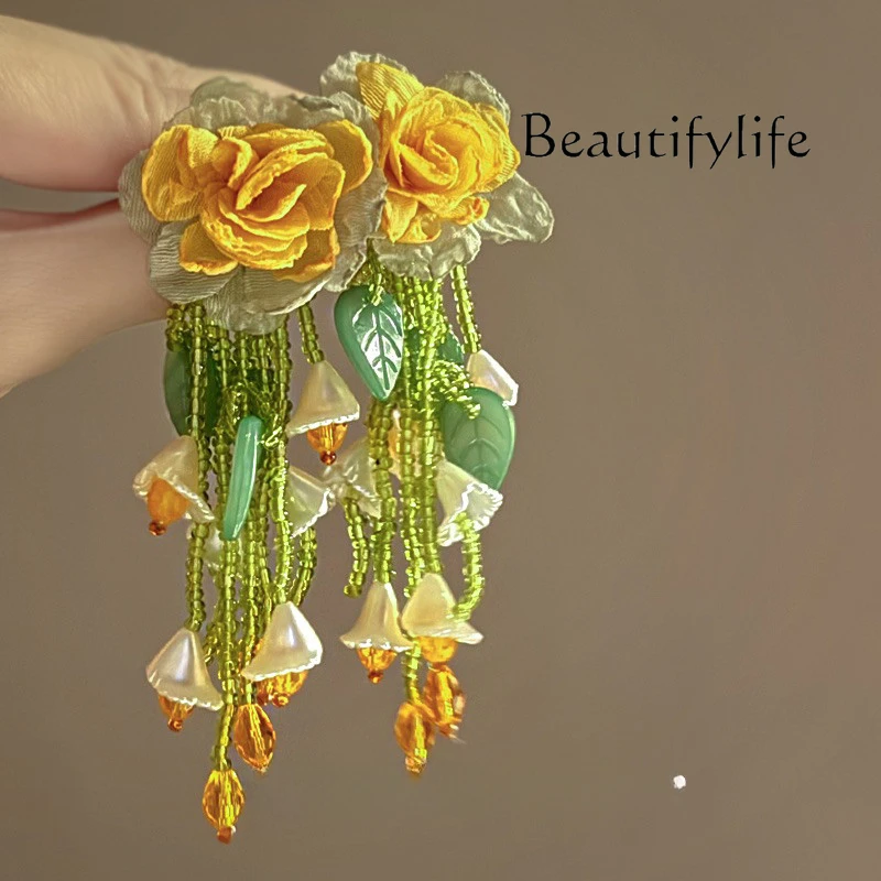 Yellow-green chiffon flower earrings French earrings niche temperament vacation style stud earrings