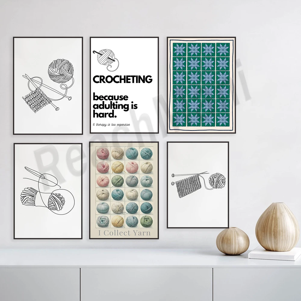 Minimalist knitting line art, crochet, yarn print, knitting outline drawing, crochet craft room decor poster