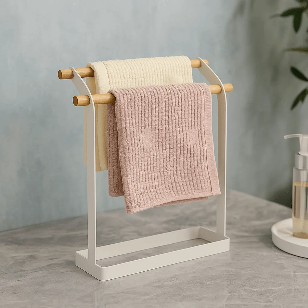 

Multifunctional Metal Free Standing Towel Rack Double Bar Simple Towel Drying Rack Stable Vertical Towel Holder Vanity