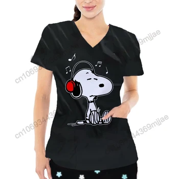 Nieuwe Disney Cartoon Patroon Top Mode V-hals Dubbele Zak Ontwerp Stijl T-shirt Casual en Comfortabele Dames Verpleegstersjurk