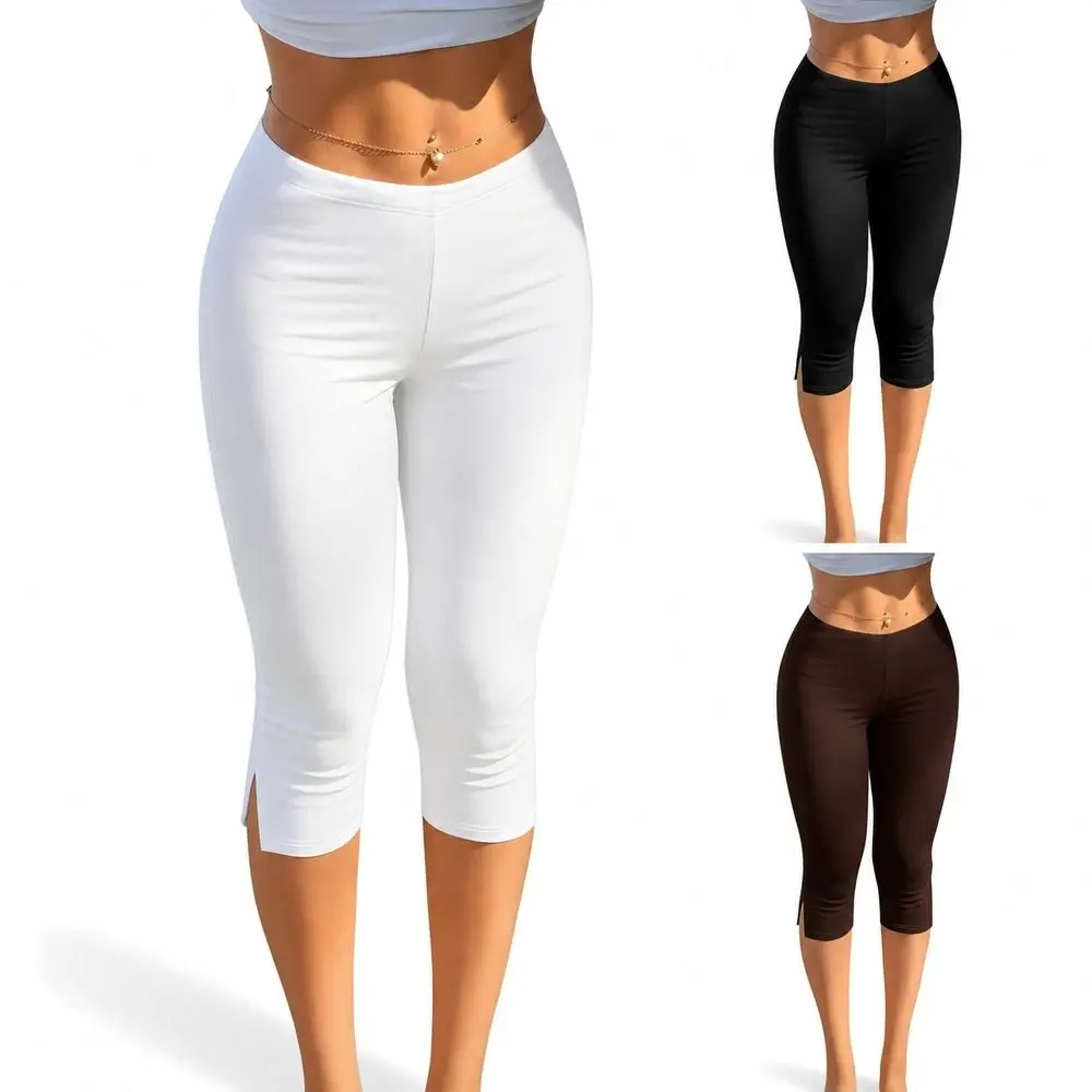 Stretch Knit Slim Fit Pants Side Slit High Waist Cropped Leggings Body Hugging Elastic Waistband High Waist Pants Casual Wear