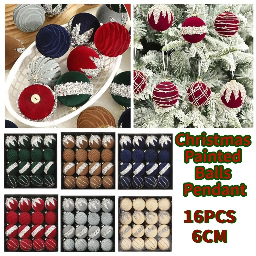 

16Pcs Creative Christmas Decoration Pendant 6cm Shatterproof Flocking Christmas Ball Durable Plastic Christmas Tree Decoration