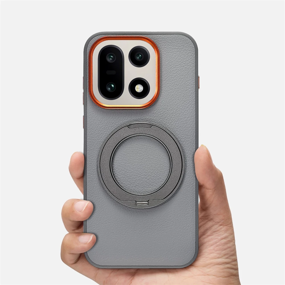 

360°Rotating Ring Stand PU Leather Metal Lens Frame Case For Oneplus 15 15T 15R 13 13R Turbo 6 6V Magnetic Wireless Charge Cover