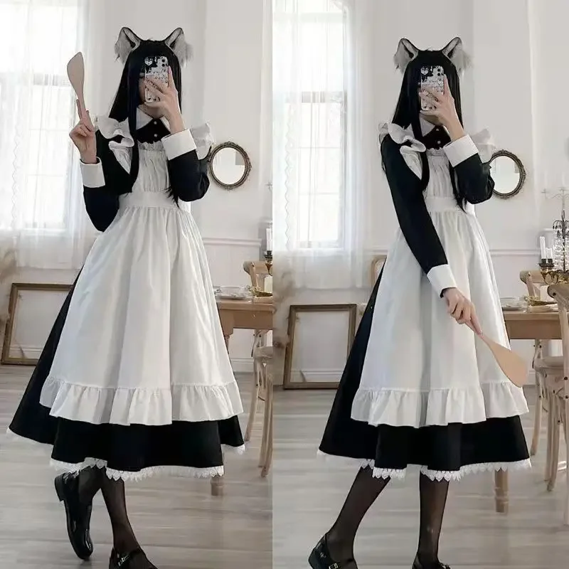 Traje de sirvienta para mujer, disfraz largo de Cosplay, uniforme de sirvienta para hombres, vestido de Lolita blanco y negro de Anime, Unisex